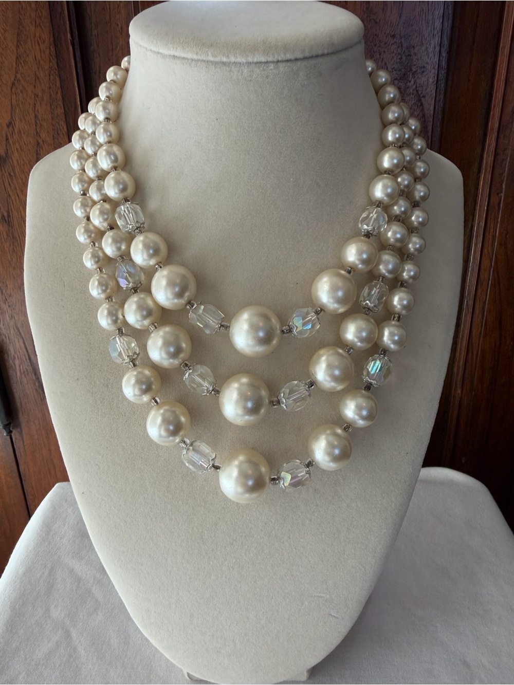 Vintage Japan Faux Pearl Aurora Borealis Crystal 3 Strand Necklace
